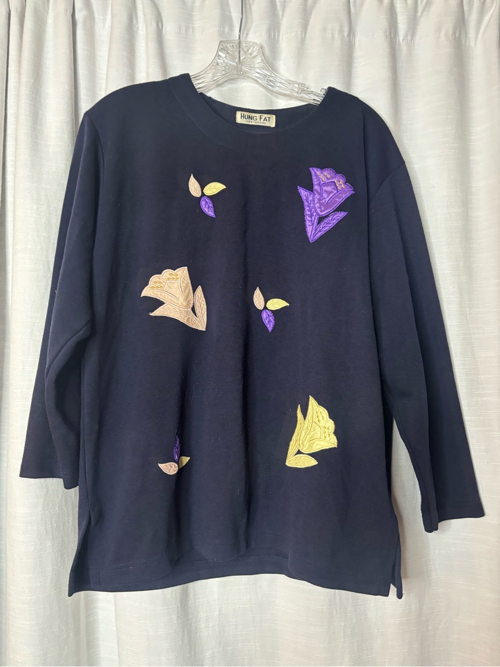 Hung Fat Navy Embroidered Floral Long Sleeve Top